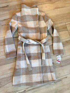 NWT MICHAEL Michael Kors Camel Plaid Wool Blend Belted Coat - Size XS
